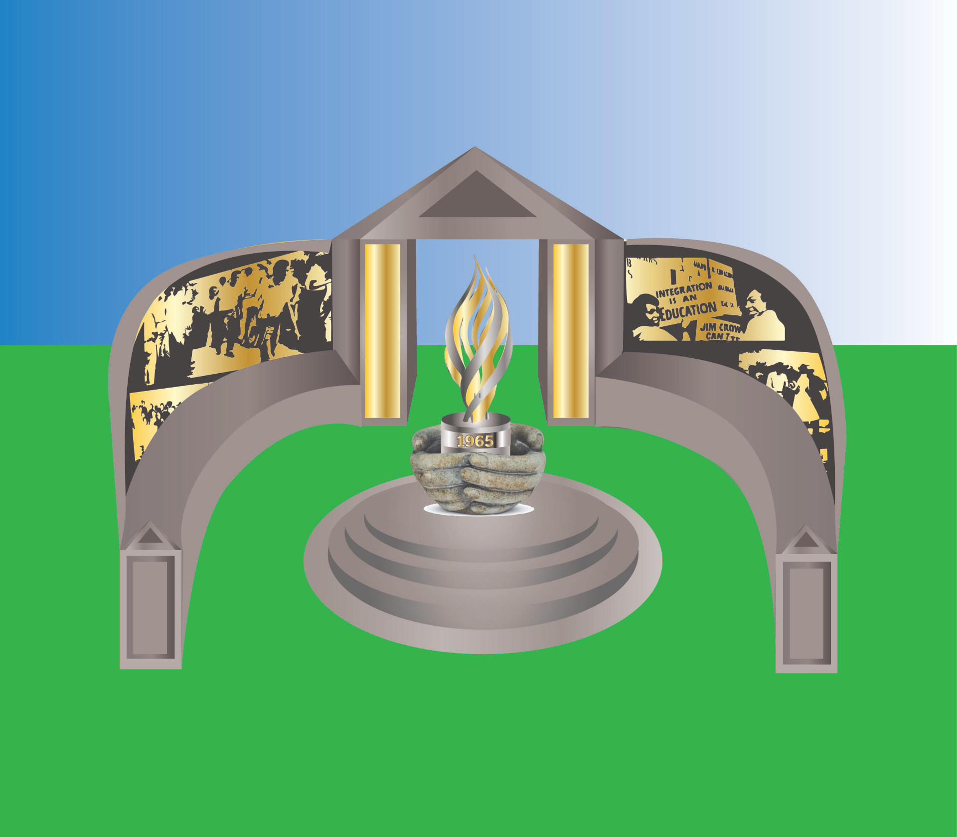 Maquette rendering of the 43 Trailblazers Memorial with eternal flame and bronze panels